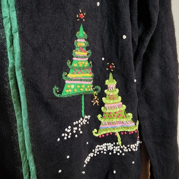 Talbots Christmas Tree Embellished Embroidered Knit Sweater Cardigan Size LP VTG - Picture 3 of 16